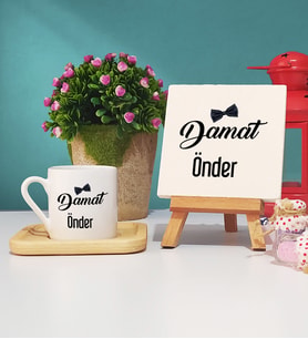 Damat Tasarımlı Kişiye Özel Damat Ahşap Altlıklı Türk Kahvesi Fincanı ve Dekoratif Taş Baskı