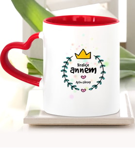 BK Gift Kişiye Özel Kraliçe Annem Kırmızı Kalpli Kupa Bardak  1