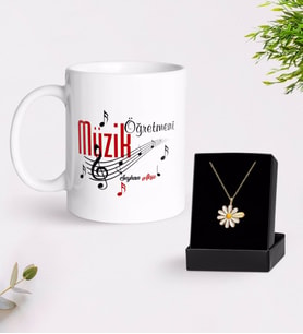 BK Gift Kişiye Özel Müzik Öğretmeni Beyaz Kupa ve Papatya Kolye Hediye Seti (Model 1)