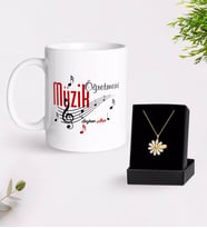 BK Gift Kişiye Özel Müzik Öğretmeni Beyaz Kupa ve Papatya Kolye Hediye Seti (Model 1)