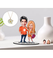 BK Gift Kişiye Özel Sevgililer Karikatürlü 3D Ahşap Biblo ve Çift İsimli Papatya Kolye Seti-54 (Model 1)