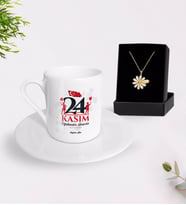 BK Gift Kişiye Özel Öğretmenler Gününüz Kutlu Olsun Türk Kahvesi Fincanı ve İsimli Papatya Kolye Hediye Seti-11 (Model 1)