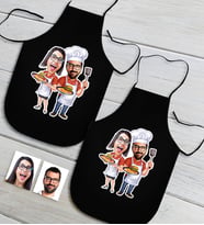 BK Gift Kişiye Özel İkili Aşçı Çift Karikatürlü Siyah Mutfak Önlüğü Seti-1