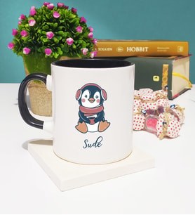 Tatlı Penguen Tasarımlı Kişiye Özel Penguen Kupa Bardak Siyah