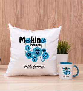 Makine Teknisyeni Kare Yastık ve Mavi Kupa Bardak