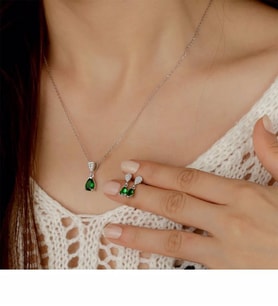 Else Silver Yeşil Damla Taşlı Pırlanta Modeli Gümüş Set