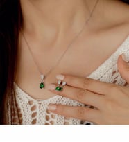 Else Silver Yeşil Damla Taşlı Pırlanta Modeli Gümüş Set