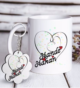 BK Gift Kişiye Özel Sevgililer Günü Beyaz Kupa ve Anahtarlık Hediye Seti-11 (Model 1)