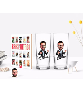 BK Gift Kişiye Özel Renkli Baskılı Erkek Karikatürlü İkili Rakı Bardağı ve Rakı Cep Kitabı Hediye Seti-50 (Model 1)