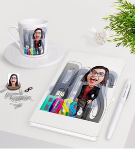 BK Gift Kişiye Özel Bayan Big Boss Karikatürlü Beyaz Defter Kalem Türk Kahvesi Fincanı Seti-1 (Model 1)
