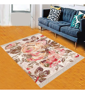 Patchwork Gül Desenli Dijital Baskı Yıkanabilir Kaymaz Taban Bej Modern Salon Halı 