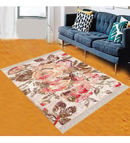 Patchwork Gül Desenli Dijital Baskı Yıkanabilir Kaymaz Taban Bej Modern Salon Halı 