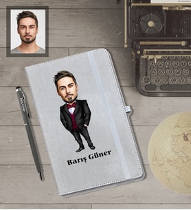 Kişiye Özel İş Adamı Karikatürlü Gri Defter Kalem Hediye Seti  Bay-24