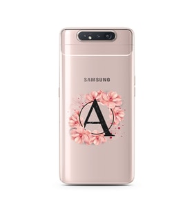 Pembe Çiçekli Harf Tasarım Süper Şeffaf Silikon Telefon Kılıfı Samsung A80 A-Har
