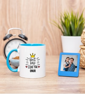 Best Dad Mavi Kupa Bardak ve Mavi Mini Fotoğraf Çerçevesi