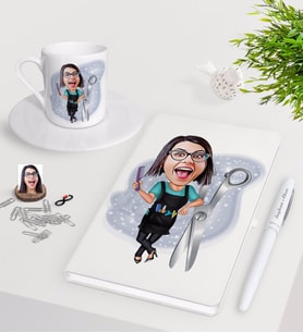 BK Gift Kişiye Özel Bayan Kuaför Karikatürlü Beyaz Defter Kalem Türk Kahvesi Fincanı Seti-1 (Model 1)