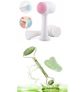 QNİAY 3' Set Gua Sha Masaj Seti + Yeşim Taşı  + Cilt Temizleme Fırçası