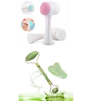 QNİAY 3' Set Gua Sha Masaj Seti + Yeşim Taşı  + Cilt Temizleme Fırçası