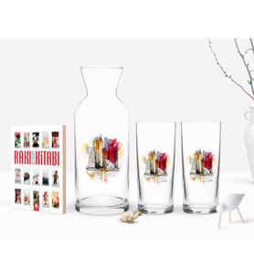 BK Gift Kişiye Özel Renkli Baskılı Newyork Tasarımlı İkili Rakı Bardağı Karaf ve Cep Kitabı Hediye Seti-1 (Model 1)