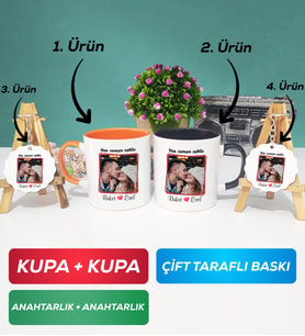 İkili Turuncu Siyah Sevgiliye Sevgililer Günü Hediyesi 9 Kupa Bardak Anahtarlık