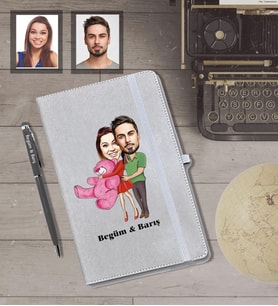 Kişiye Özel Sevgili Karikatürlü Gri Defter Kalem Hediye Seti  Model 8
