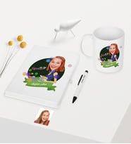 BK Gift Kişiye Özel Bayan En İyi Öğretmen Temalı Karikatürlü Beyaz Defter Kalem Kupa Seti