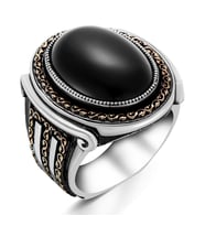 Oval Siyah Oniks Taşlı Kral Tacı Modelli Gümüş Erkek Yüzük