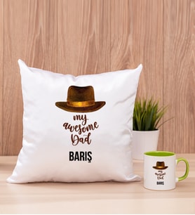 Awesome Dad Babaya Hediye Kare Yastık ve Yeşil Kupa Bardak
