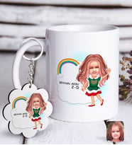 BK Gift Kişiye Özel Kız İlkokul Öğrenci Karikatürlü Beyaz Kupa ve Anahtarlık Hediye Seti-2 (Model 1)
