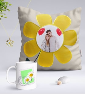 BK Gift Kişiye Özel Fotoğraflı Papatya Yastık Kupa ve Çift İsimli Papatya Kolye-10 (Model 1)