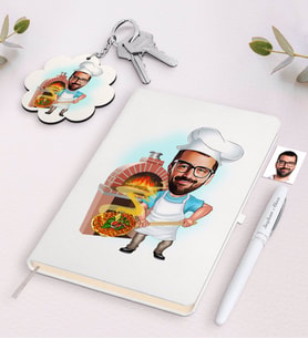 BK Gift Kişiye Özel Erkek Kebapçı Ustası Karikatürlü Beyaz Defter Kalem ve Anahtarlık Hediye Seti (Model 1)