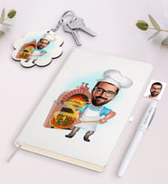 BK Gift Kişiye Özel Erkek Kebapçı Ustası Karikatürlü Beyaz Defter Kalem ve Anahtarlık Hediye Seti (Model 1)