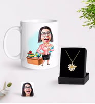 BK Gift Kişiye Özel Bayan Öğretmen Karikatürlü Kupa Ve Papatya Kolye Hediye Seti-5 (Model 1)
