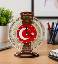 Kişiye Özel Türk Bayrağı Modeli Takvimli Ahşap Masa Saati