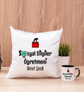 Sosyal Bilgiler Öğretmeni Kare Yastık ve Siyah Kupa Bardak