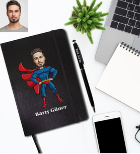 Kişiye Özel Süperman Karikatürlü Siyah Defter Kalem Hediye Seti  Bay-1