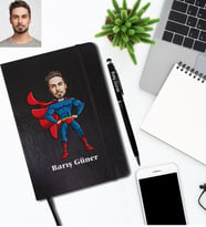 Kişiye Özel Süperman Karikatürlü Siyah Defter Kalem Hediye Seti  Bay-1