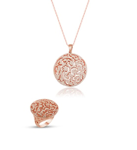 Gümüş Zirkon Taşlı Fantastik Madalyon Tasarım Günlük Abiye Tasarım Set (Rose)