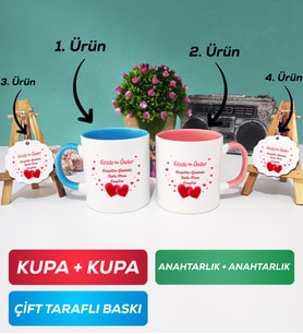 İkili Mavi Pembe Sevgiliye Sevgililer Günü Hediyesi 6 Kupa Bardak Anahtarlık