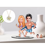 BK Gift Kişiye Özel Sevgililer Karikatürlü 3D Ahşap Biblo ve Çift İsimli Papatya Kolye Seti-8 (Model 1)