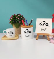 Panda Tasarımlı Kişiye Özel Hediye Panda Ahşap Altlıklı Türk Kahvesi Fincanı Kalemlik Dekoratif Taş Baskı Hediye Seti
