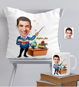BK Gift Kişiye Özel Bay Öğretmen Temalı Karikatürlü Yastık Kupa Seti - 3
