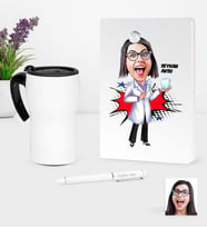 BK Gift Kişiye Özel Bayan Diş Hekimi Karikatürlü Beyaz Defter Kalem Termos Mug Seti - 2 (Model 1)