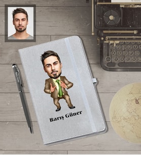 Kişiye Özel İş Adamı Karikatürlü Gri Defter Kalem Hediye Seti  Bay-10