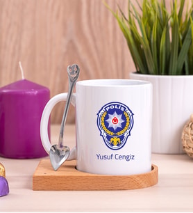 Polis Logolu Ahşap Altlıklı Beyaz Kupa Bardak
