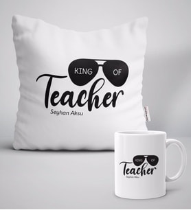 BK Gift Kişiye Özel Öğretmenin Kralı Beyaz Yastık Kupa Seti-1 (Model 1)