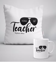 BK Gift Kişiye Özel Öğretmenin Kralı Beyaz Yastık Kupa Seti-1 (Model 1)