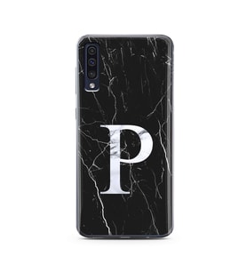 Samsung A50 Siyah Mermer Harf Tasarımlı Telefon Kılıfı P-Harfi 