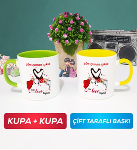 İkili Sevgiliye Sevgililer Günü Hediyesi 10 Kupa Bardak Yeşil Sarı