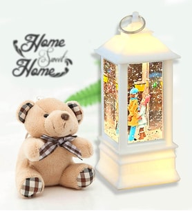 Sokak Lambası Romantik Aşıklar Işıklı Sim Kar Küresi & Mini Peluş Ayıcık